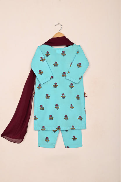 TKF-189-Sky Blue - Kids 3Pc Ready to Wear Silk Printed Dress