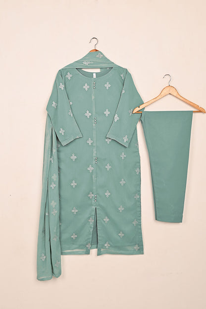 RTW-212-Cyan-  3Pc Ready to Wear Embroidered Chiffon Dress