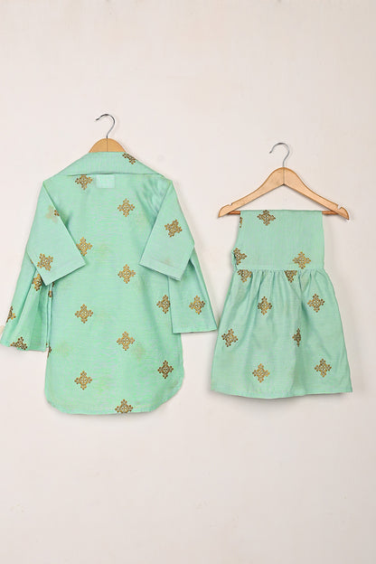 TKF-266-Aqua - Kids 3Pc Paper Cotton Embroidered Dress