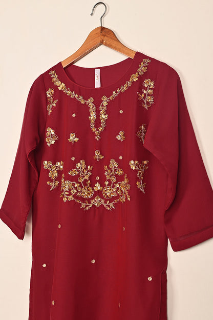 RTW-259-Red - 3Pc Ready to Wear Embroidered Adda Work Chiffon Dress