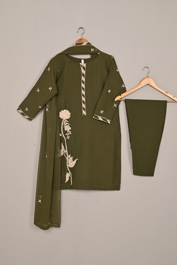 RTW-199-mehndi -  3Pc Ready to Wear Embroidered Chiffon Dress