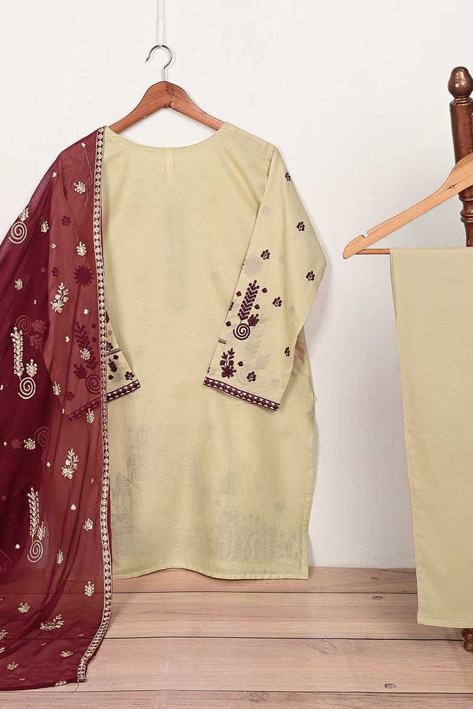3SP-12B-Skin - 3PC COTTON EMBROIDERED Dress With Chiffon Embroidered Dupatta