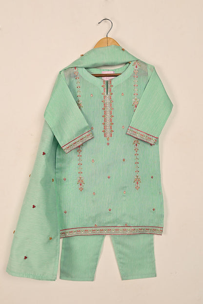 TKF-134-Sea Green - Kids 3Pc Ready to Wear Embroidered Slub Cotton Dress