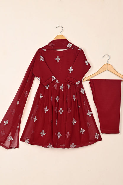 TKF-248-Red - Kids 3Pc Chiffon Embroidered Frock