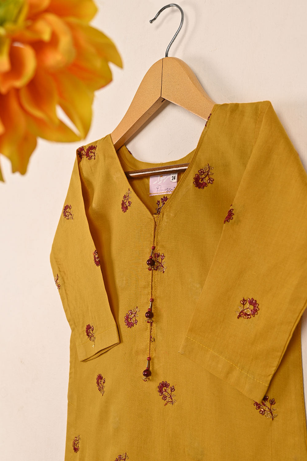 TKF-150-Mustard - Kids 2Pc Embroidered Cambric Dress