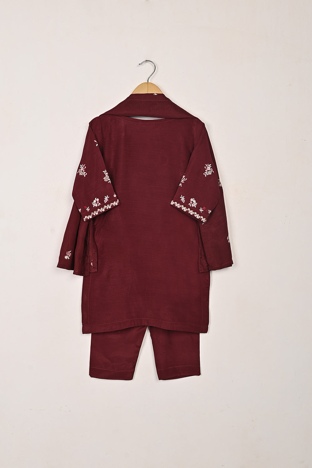 TKF-264-Maroon - Kids 3Pc Ready to Wear Raw Silk Embroidered Dress