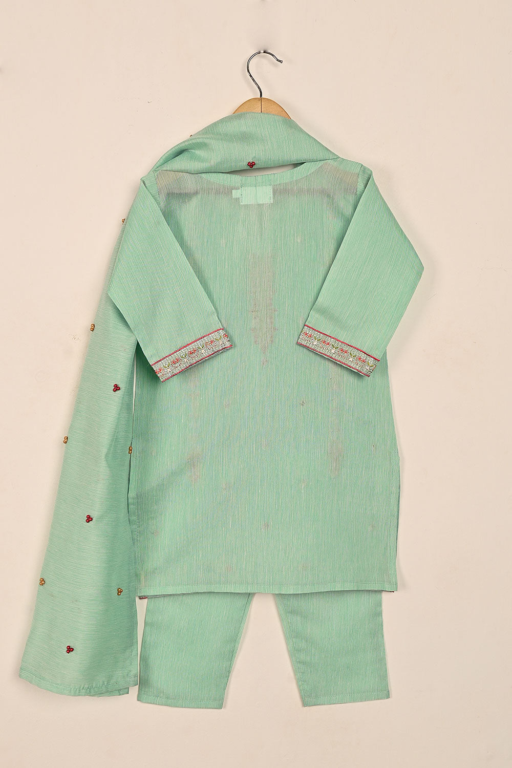 TKF-134-Sea Green - Kids 3Pc Ready to Wear Embroidered Slub Cotton Dress