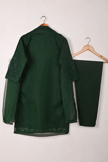 RTW-319-Bottle Green -  3Pc Ready to Wear Embroidered Organza Dress