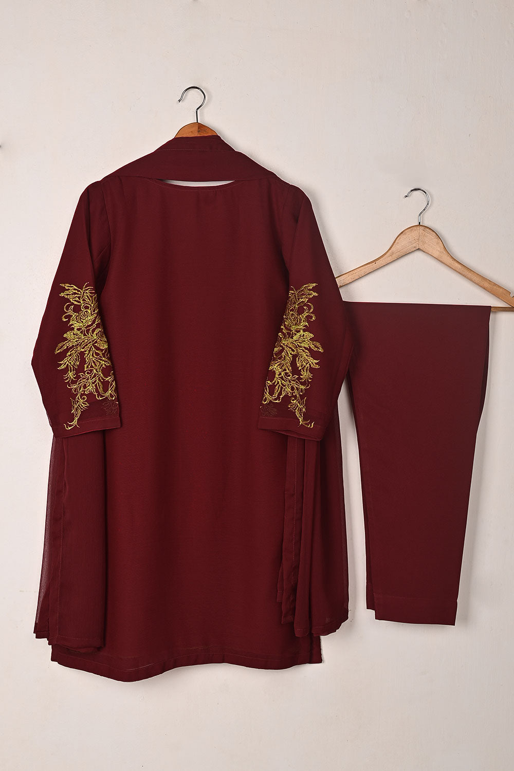 RTW-309-Maroon -  3Pc Ready to Wear Embroidered Chiffon Dress