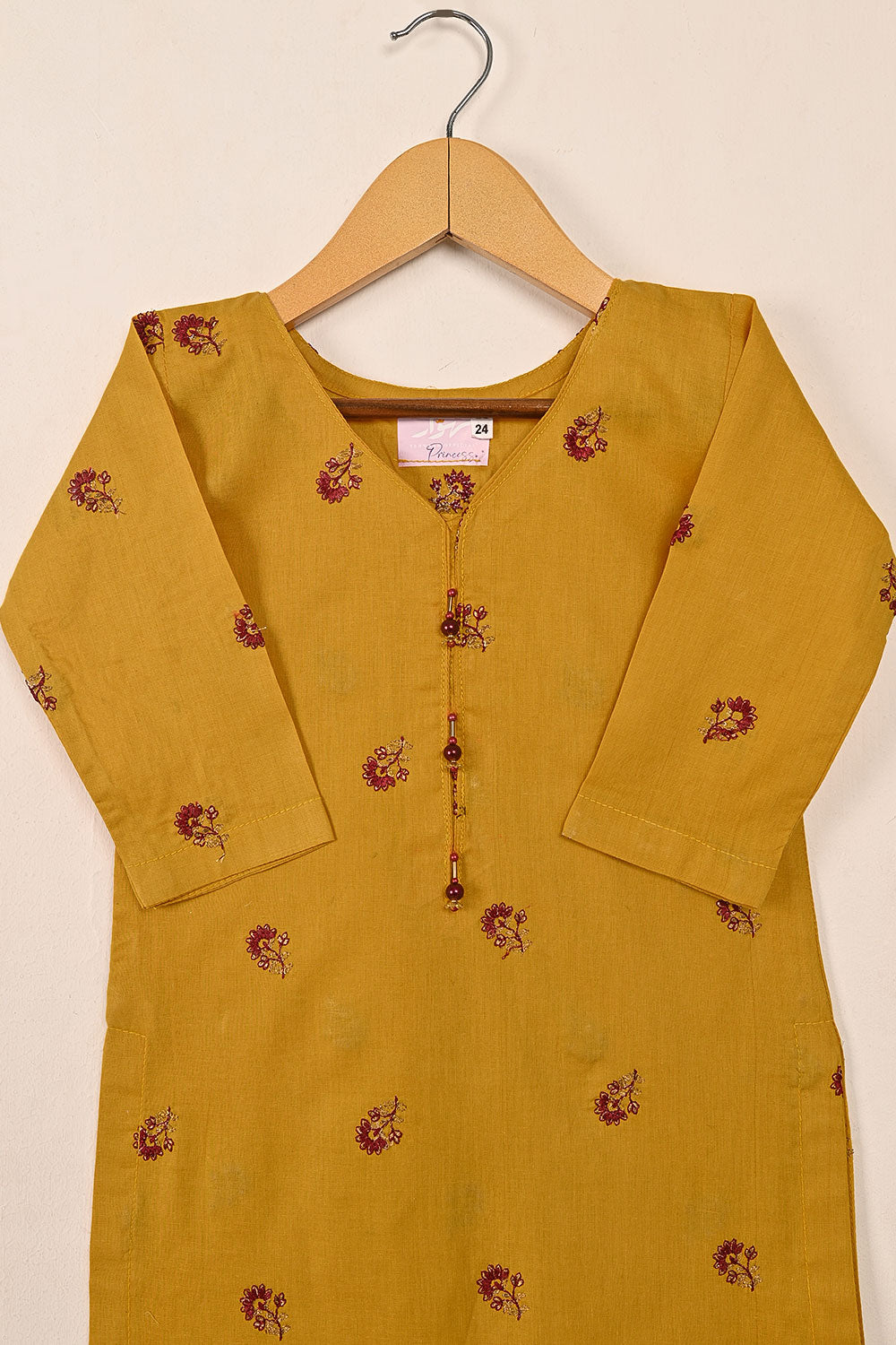 TKF-150-Mustard - Kids 2Pc Embroidered Cambric Dress