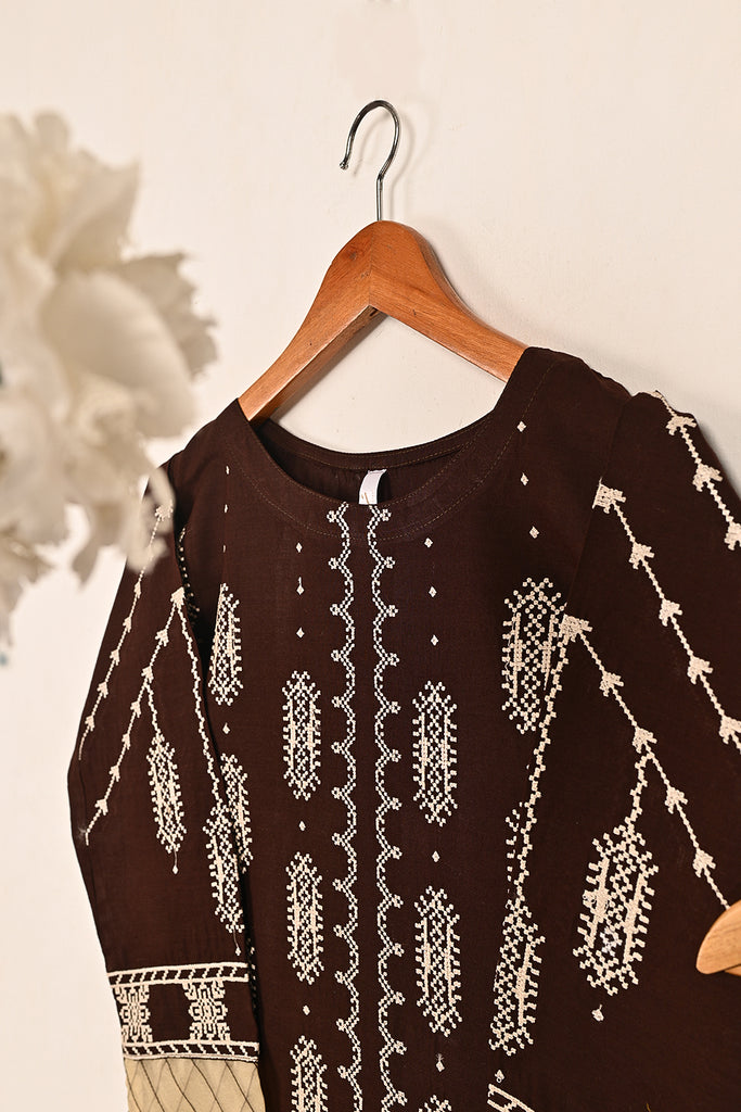 STP-195A-Brown  - 2PC READY TO WEAR EMBROIDERED CAMBRIC DRESS