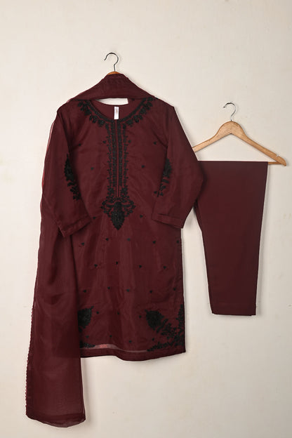 RTW-334-Maroon -  3Pc Ready to Wear Embroidered Organza Dress