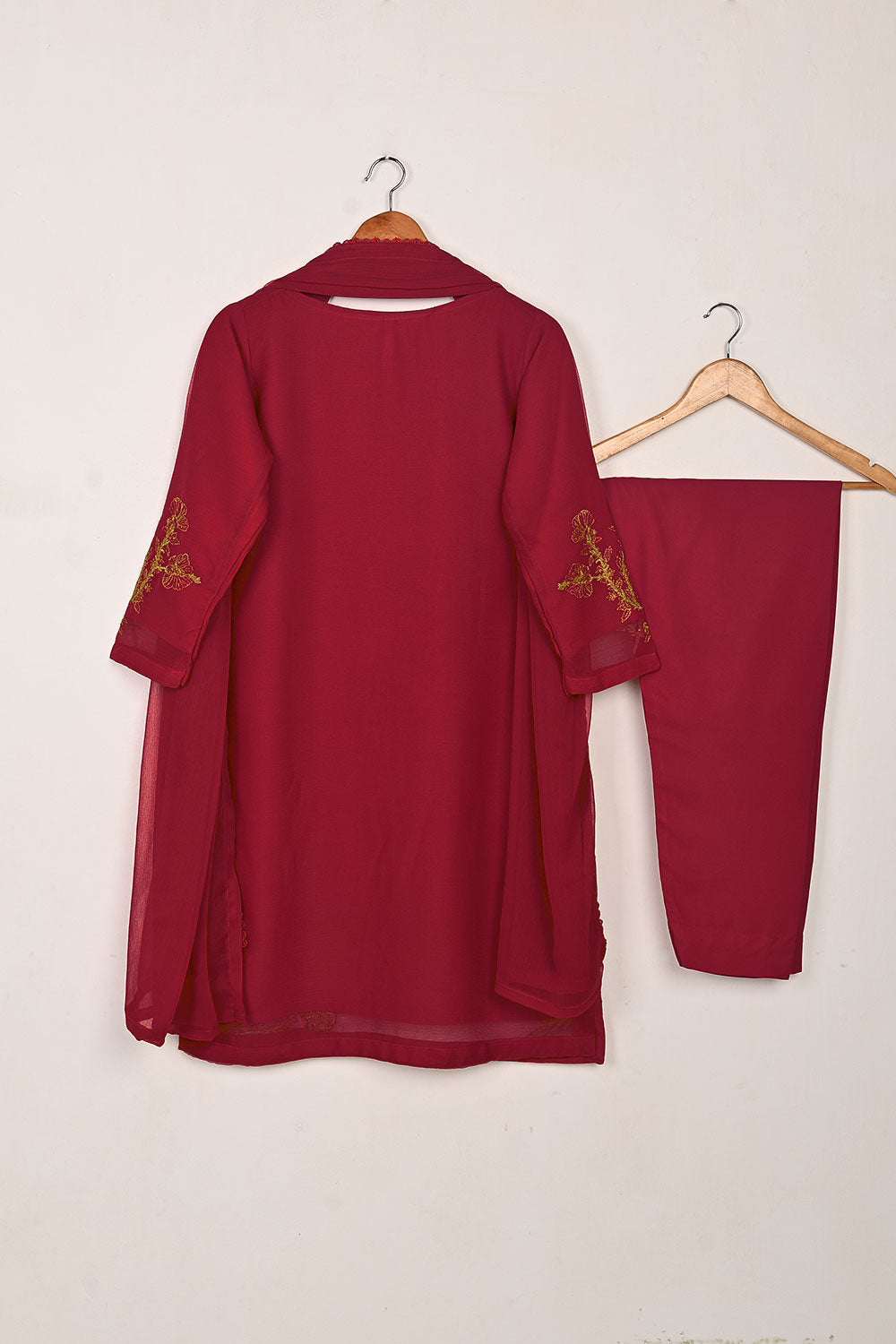 RTW-275-Red -  3Pc Ready to Wear Embroidered Chiffon Dress