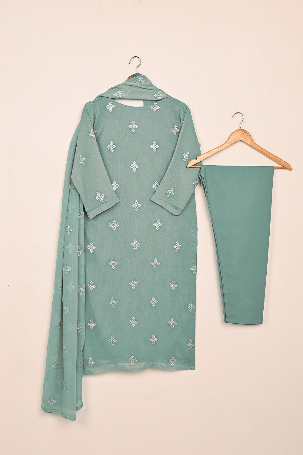 RTW-212-Cyan-  3Pc Ready to Wear Embroidered Chiffon Dress