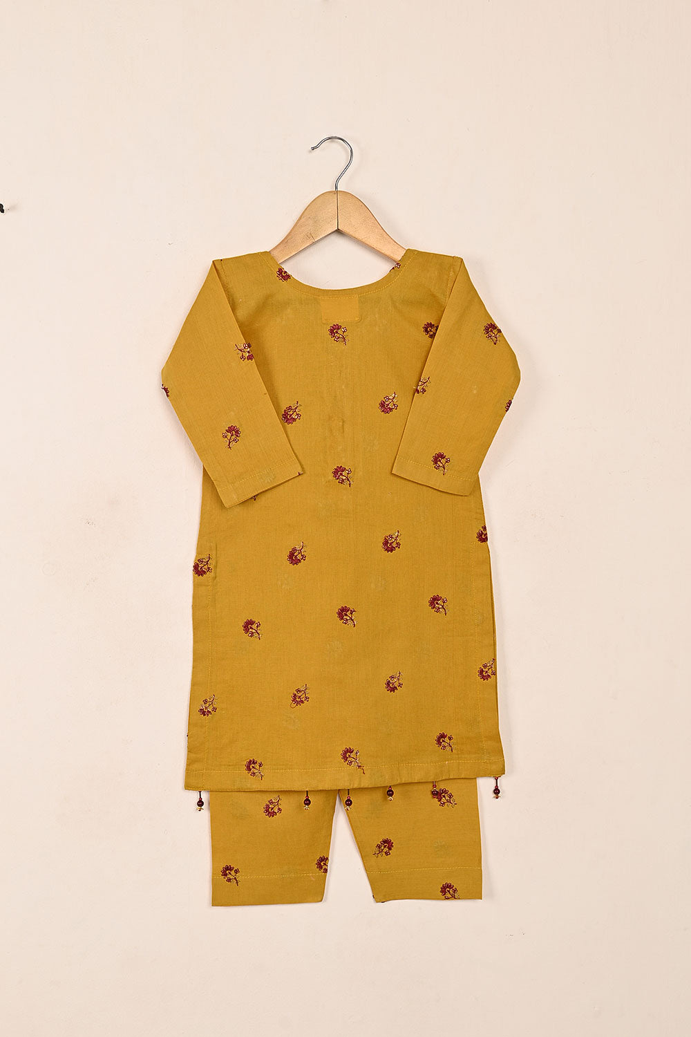 TKF-150-Mustard - Kids 2Pc Embroidered Cambric Dress