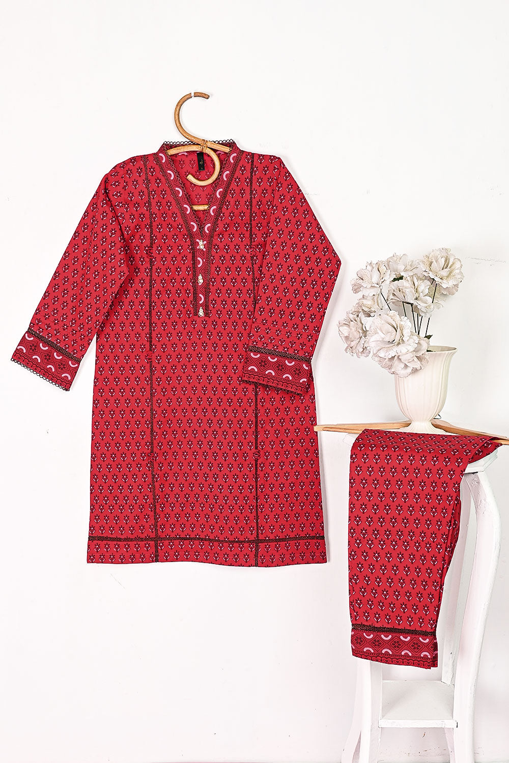 CPTP-4B-Red - 2Pc Ready to Wear Cotton Printed Co-Ord Dress