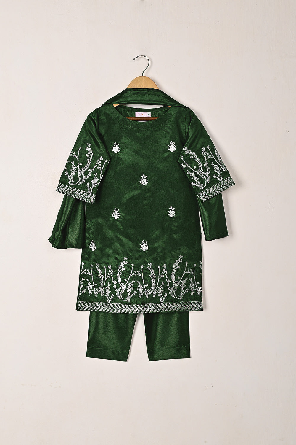 TKF-272-Bottle Green - Kids 3Pc Ready to Wear Silk Embroidered Dress