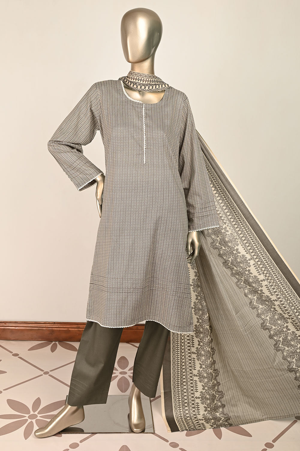 3SP-23- Gray- 3Pc Printed Lawn Stitched Dress