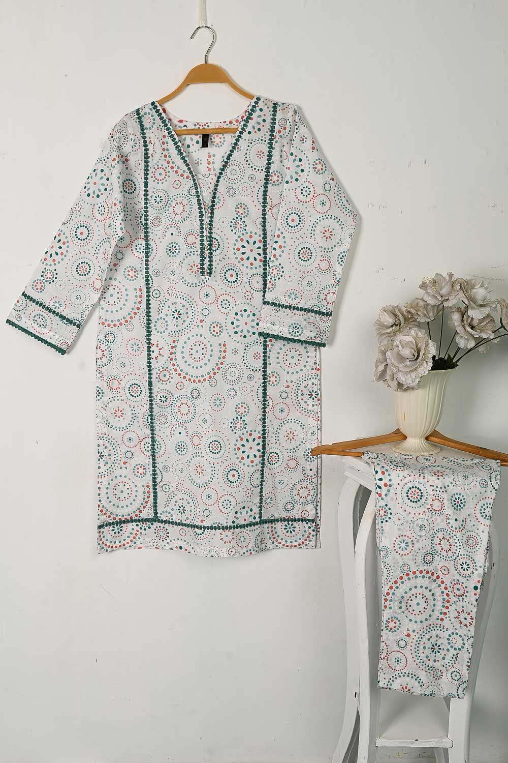 CPTP-8C-White - 2Pc Ready to Wear Cotton Printed Co-Ord Dress