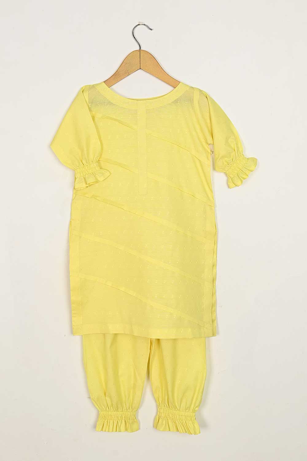 TKF-77-Yellow - Kids 2Pc Pc Cotton Jacquard Dress Pc Cotton Jacquard Trouser