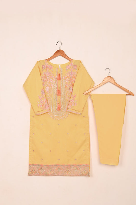 STP-196A-Yellow - 2Pc Ready to Wear 2Pc Javeria Net Embroidered  Dress