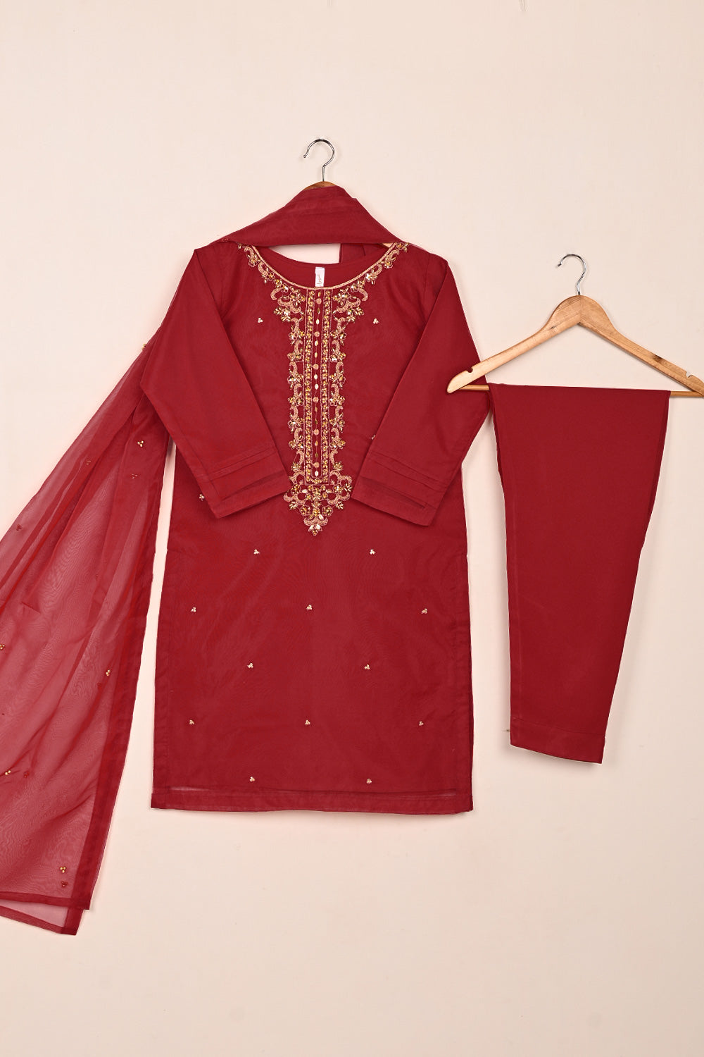 RTW-248-Red - 3Pc Ready to Wear Embroidered Premium Adda Work Organza Dress