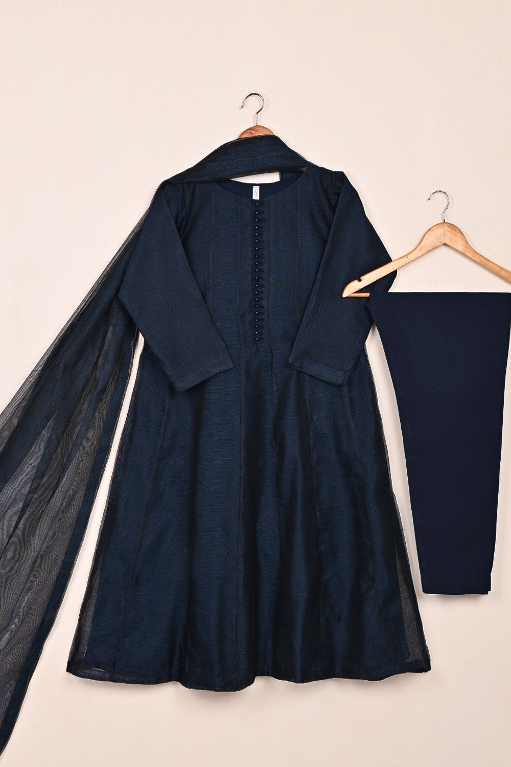 RTW-225-NavyBlue -  3Pc Ready to Wear Khaddi Net Frock