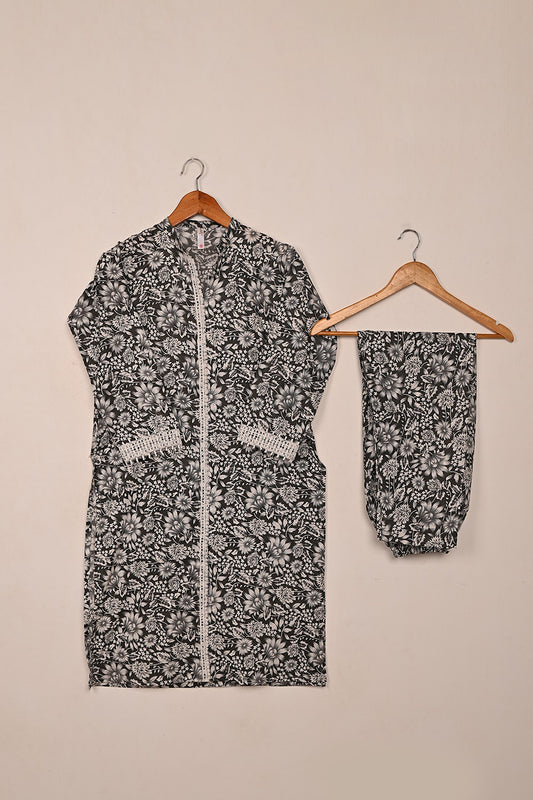 STP-197A-Black & White - 2 Pc Ready to Wear Cotton Printed Co-Ord Dress