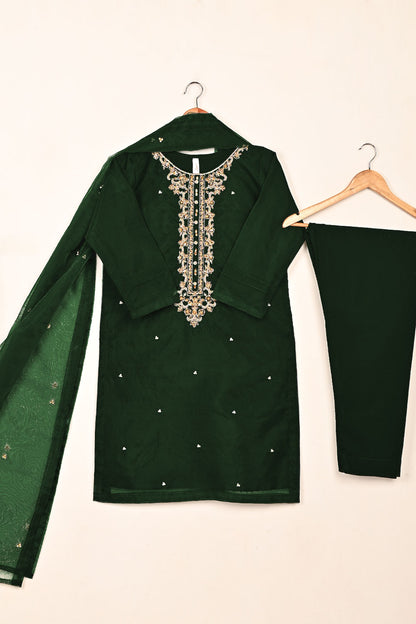 RTW-261-Bottle Green - 3Pc Ready to Wear Embroidered Premium Adda Work Organza Dress