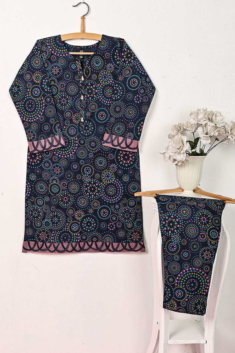 CPTP-8A-NavyBlue - 2Pc Ready to Wear Cotton Printed Co-Ord Dress