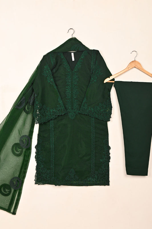 RTW-263-Bottle Green - 3Pc Ready to Wear Cut Work Embroidered Organza Dress