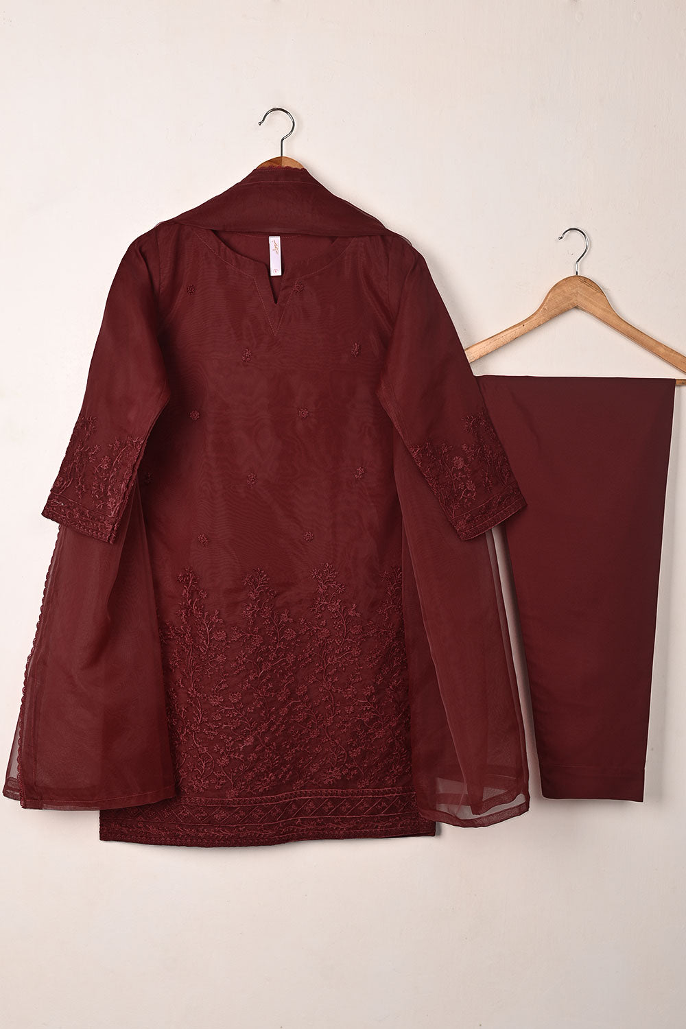 RTW-315-Maroon -  3Pc Ready to Wear Embroidered Organza Dress