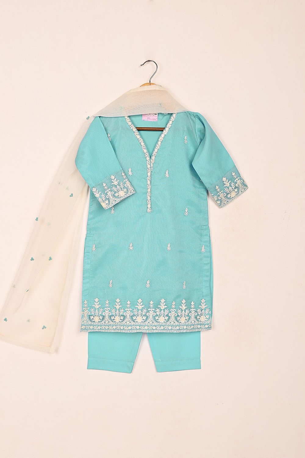 TKF-182-Sky Blue - Kids 3Pc Ready to Wear Javeria Net Embroidered Formal Dress