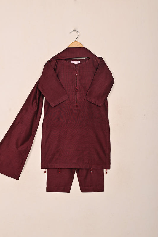 TKF-221-Maroon - Kids 3Pc Ready to Wear Khaddi Dress