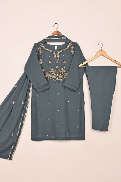 RTW-232-Gray - 3Pc Ready to Wear Embroidered Adda Work Chiffon Dress