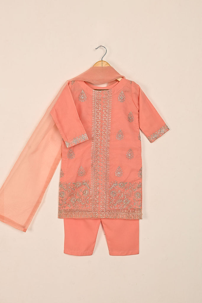 TKF-135-Peach - Kids 3Pc Ready to Wear Organza Formal Embroidered Dress