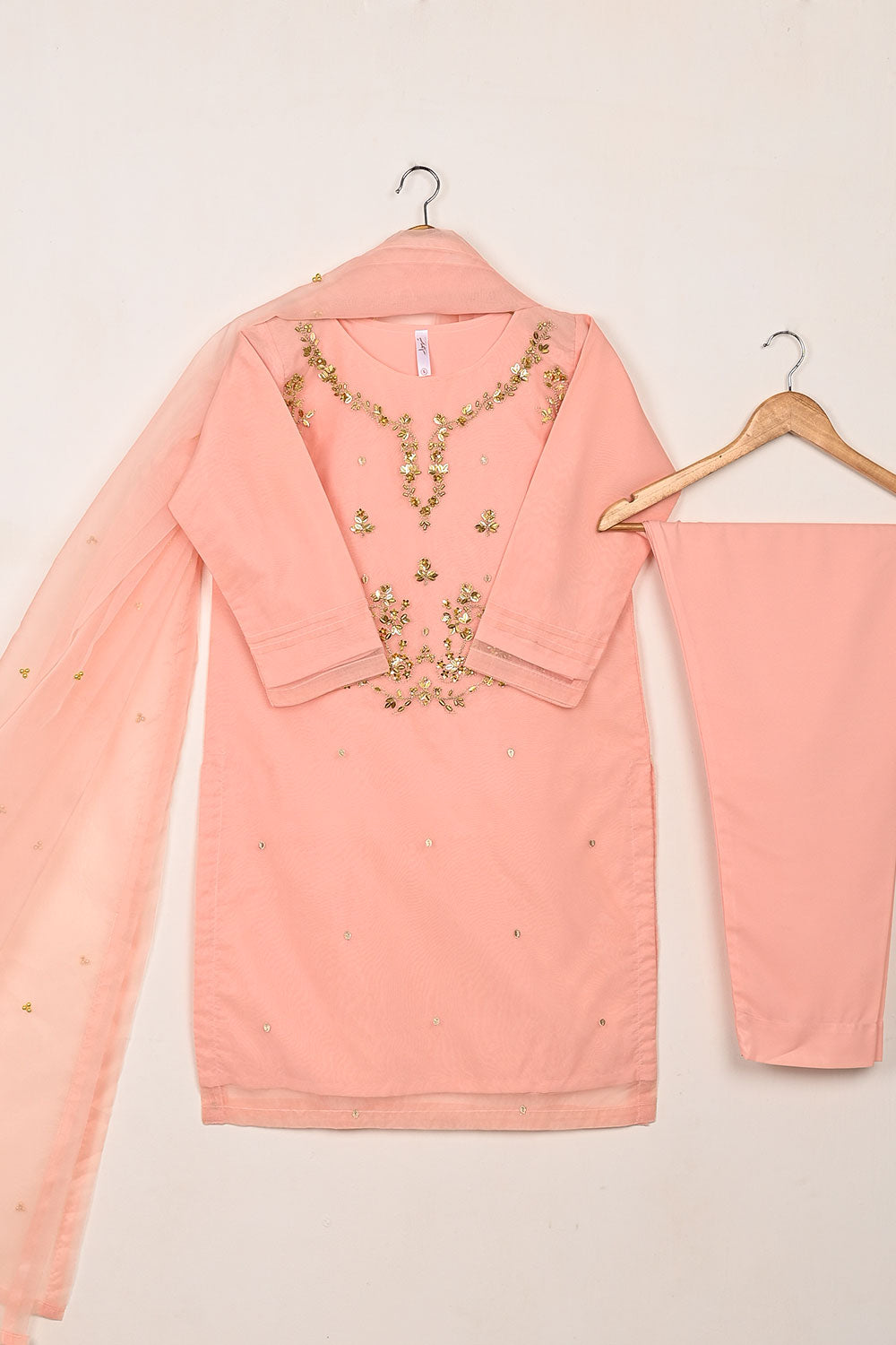 RTW-270-Peachy Pink - 3Pc Ready to Wear Embroidered Premium Adda Work Organza Dress