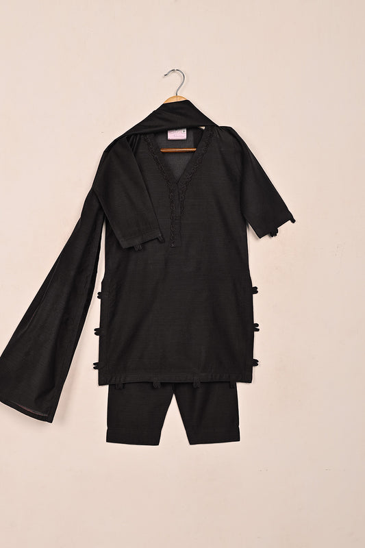 TKF-224-BlacK - Kids 3Pc Ready to Wear Khaddi Dress