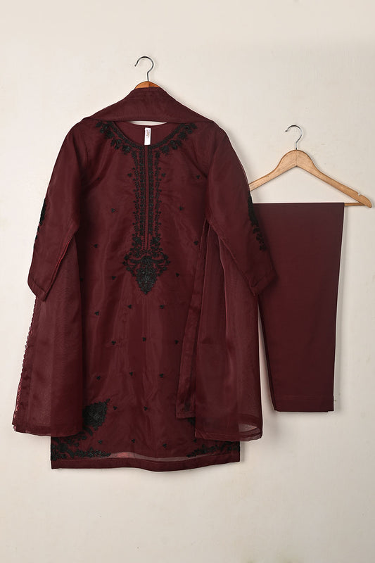 RTW-334-Maroon -  3Pc Ready to Wear Embroidered Organza Dress