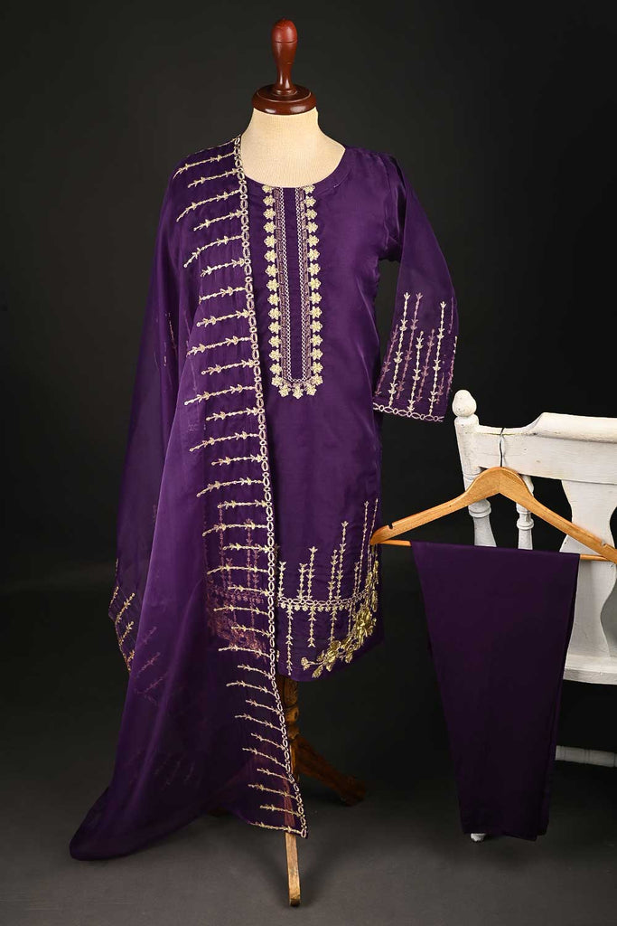 RTW-127-Purple - 3Pc Stitched Organza Dress