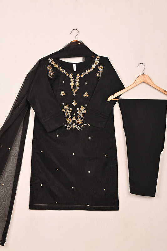 RTW-256-Black - 3Pc Ready to Wear Embroidered Premium Adda Work Organza Dress