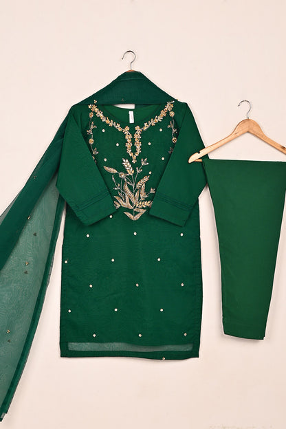 RTW-238-Green - 3Pc Ready to Wear Embroidered Premium Adda Work Organza Dress