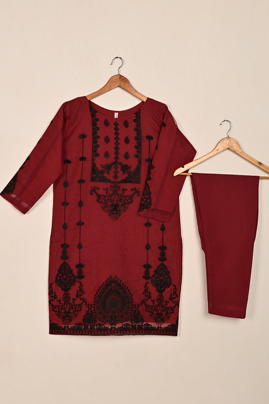 STP-181C-Maroon - 2Pc Ready to Wear Organza Embroidered Dress