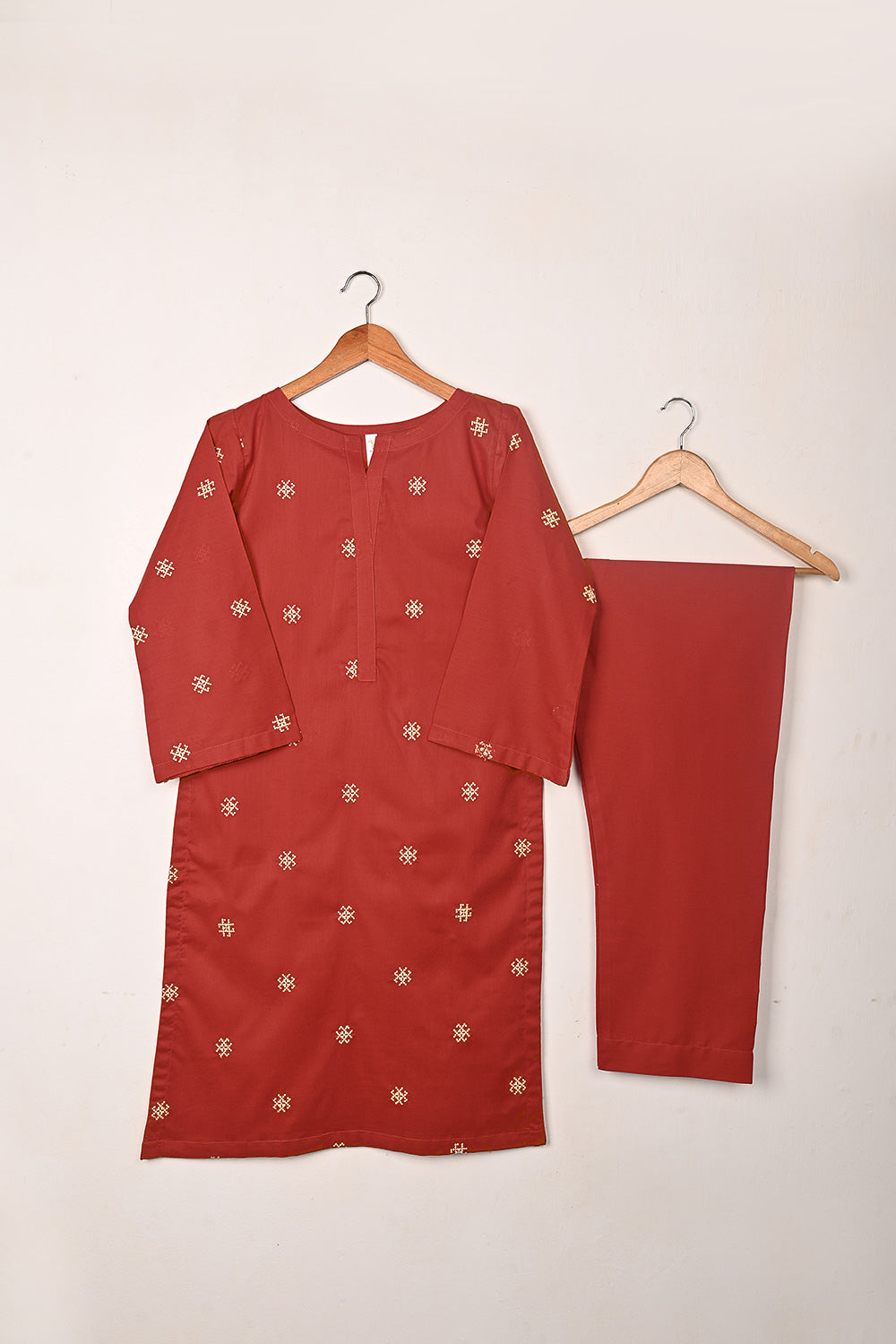 STP-248B-Red  - 2Pc Ready to Wear Embroidered Cambric Dress