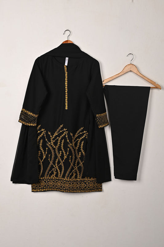 RTW-302-Black -  3Pc Ready to Wear Embroidered Chiffon Dress