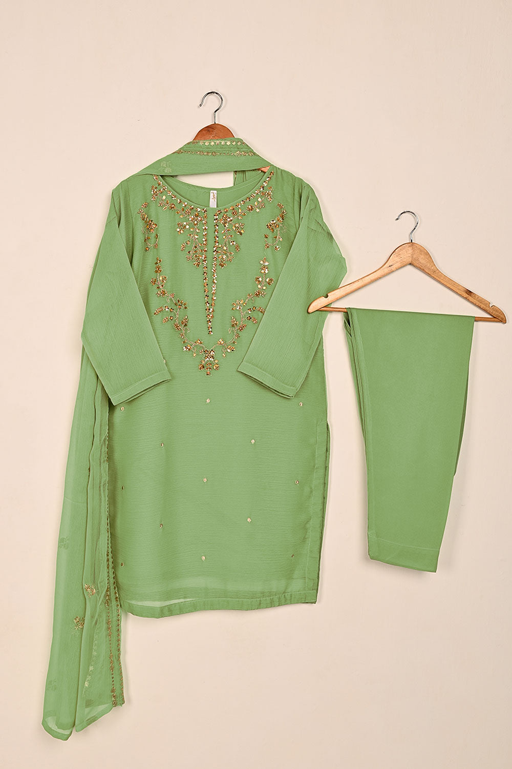 RTW-176-Pista - 3Pc Ready to Wear Embroidered Adda Work Chiffon Dress