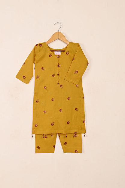 TKF-150-Mustard - Kids 2Pc Embroidered Cambric Dress