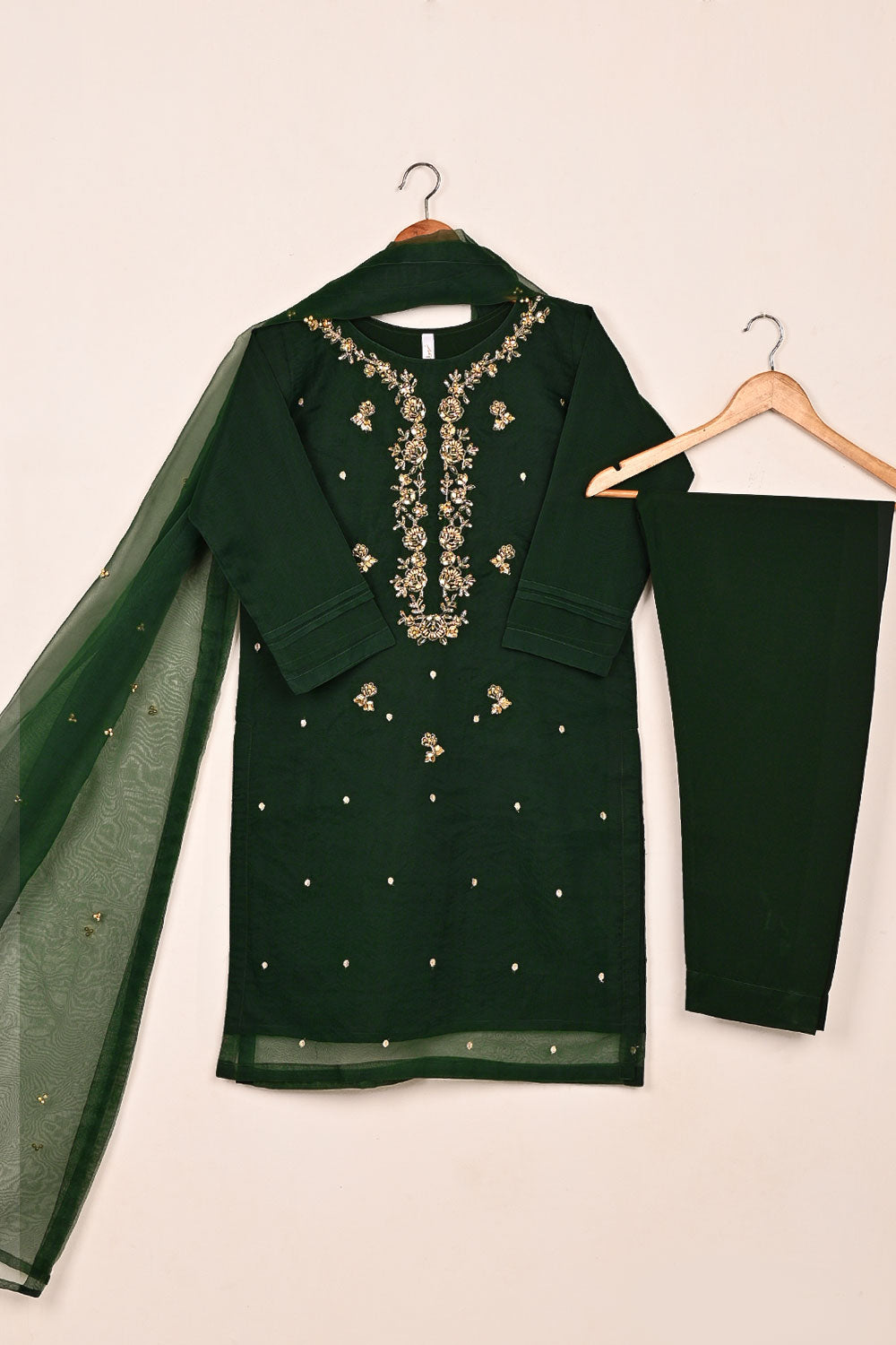 RTW-231-Green - 3Pc Ready to Wear Embroidered Premium Adda Work Organza Dress