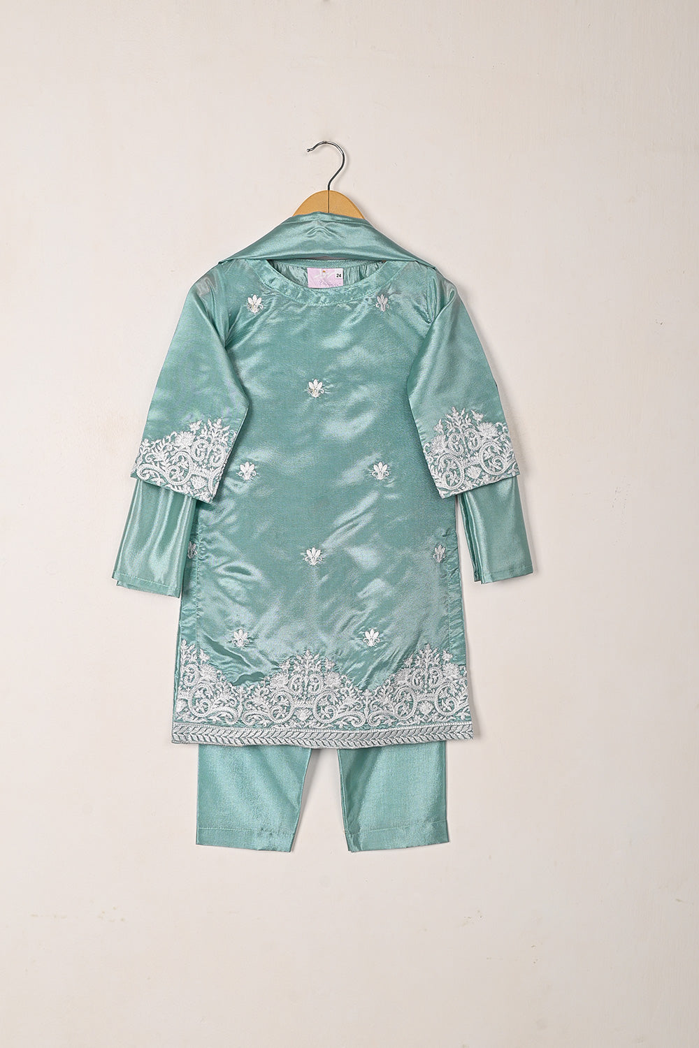 TKF-273-Cyan - Kids 3Pc Ready to Wear Silk Embroidered Dress