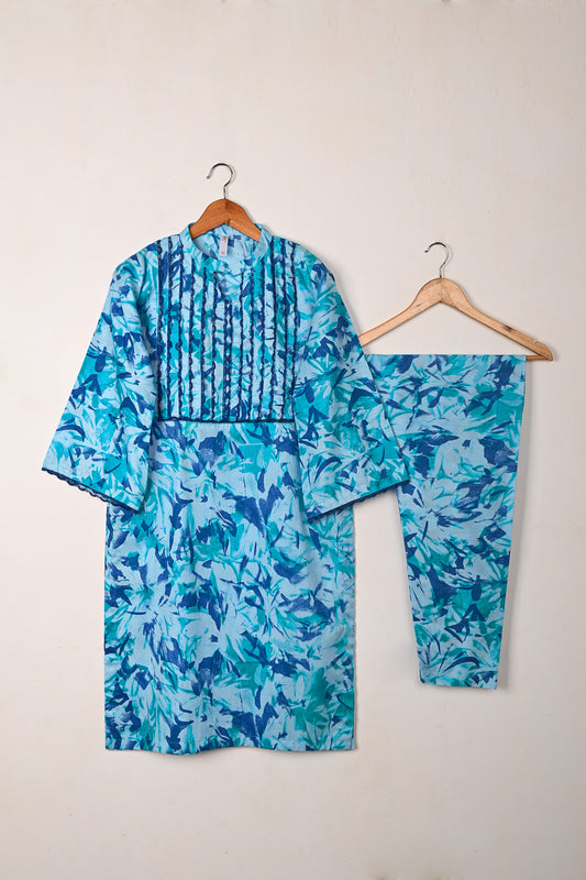 STP-239A-Blue  - 2 Pc Ready to Wear Cambric Printed Co-Ord Dress